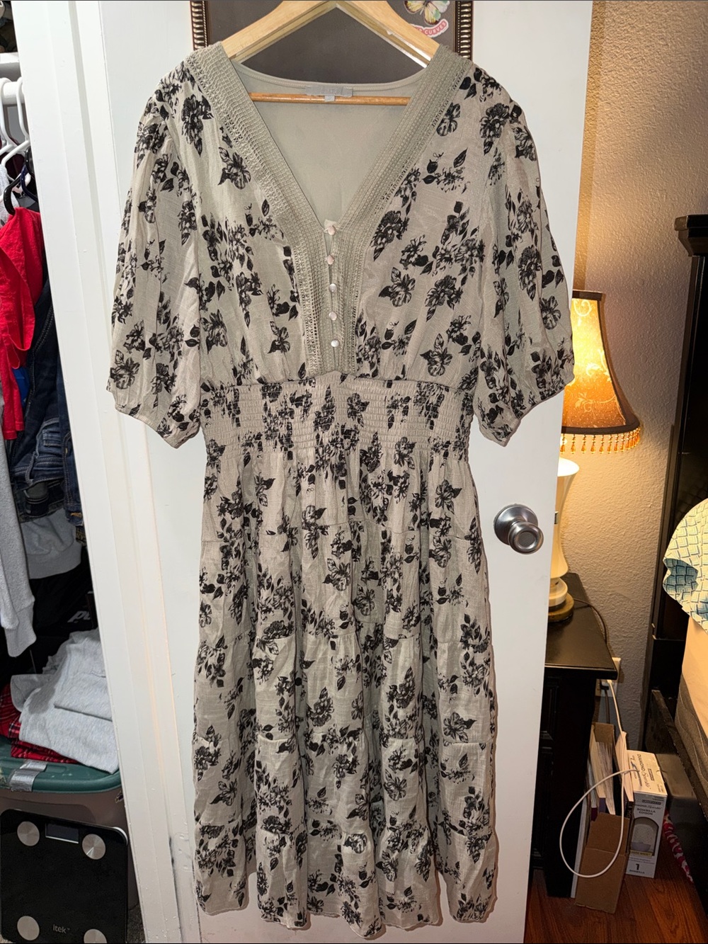 Sage Green Floral Midi Dress with Smocked Waist